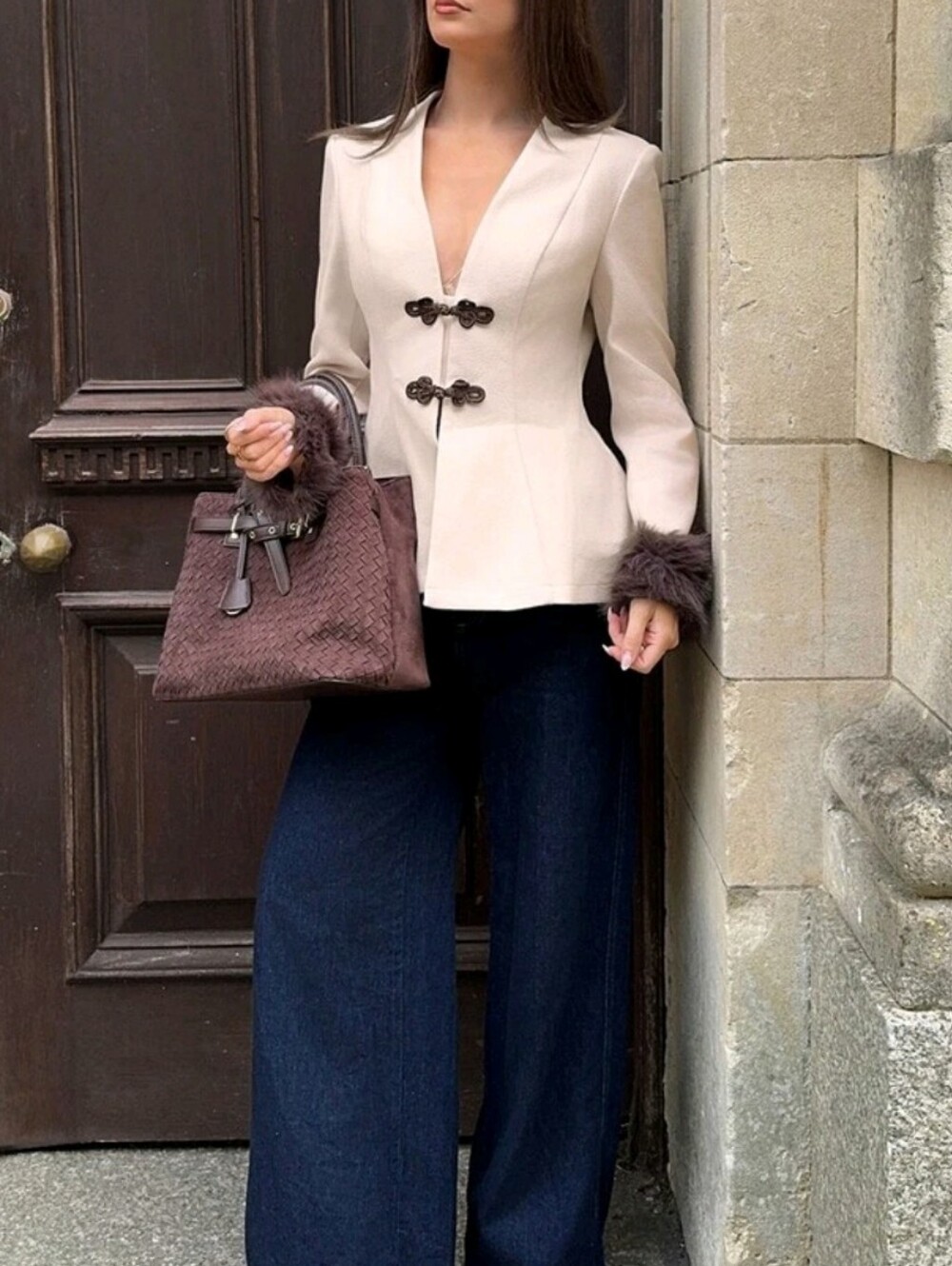 Women's Elegant Jacket With Frog Button Placket And Faux Fur Cuffs - Picture 5 of 8